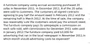 A furniture company using accrual accounting purchased 20 sofas in November 2011. In December 2011, 8 of the 20 sofas were sold to customers. The customers all signed contracts agreeing to pay half the amount owed in February 2012 and the remaining half in March 2012. At the time of sale, the company was reasonably sure the customers would pay the amount owed. The furniture company pays its salespeople a commission on each sofa sold, with commissions for December 2011 sales paid in January 2012.The furniture company paid 3,000 for advertising that ran in the local newspaper in November 2011.In which month should advertising costs be expensed?