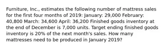 Furniture, Inc., estimates the following number of mattress sales for the first four months of 2019: January: 29,000 February: 40,800 March: 34,600 April: 36,200 Finished goods inventory at the end of December is 7,000 units. Target ending finished goods inventory is 20% of the next month's sales. How many mattresses need to be produced in January 2019?