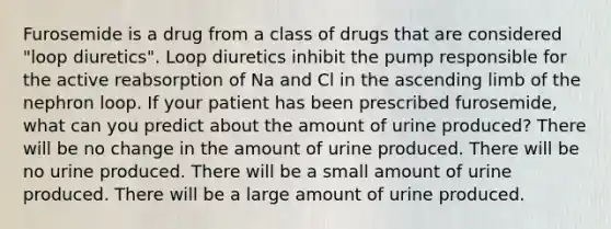 Furosemide is a drug from a class of drugs that are considered "loop diuretics". Loop diuretics inhibit the pump responsible for the active reabsorption of Na and Cl in the ascending limb of the nephron loop. If your patient has been prescribed furosemide, what can you predict about the amount of urine produced? There will be no change in the amount of urine produced. There will be no urine produced. There will be a small amount of urine produced. There will be a large amount of urine produced.