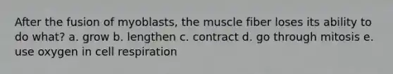 After the fusion of myoblasts, the muscle fiber loses its ability to do what? a. grow b. lengthen c. contract d. go through mitosis e. use oxygen in cell respiration