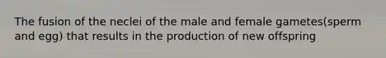 The fusion of the neclei of the male and female gametes(sperm and egg) that results in the production of new offspring