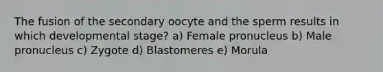 The fusion of the secondary oocyte and the sperm results in which developmental stage? a) Female pronucleus b) Male pronucleus c) Zygote d) Blastomeres e) Morula