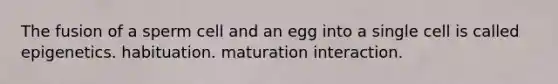 The fusion of a sperm cell and an egg into a single cell is called epigenetics. habituation. maturation interaction.