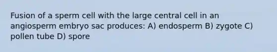 Fusion of a sperm cell with the large central cell in an angiosperm embryo sac produces: A) endosperm B) zygote C) pollen tube D) spore