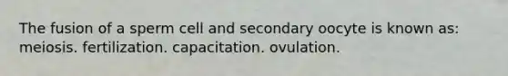 The fusion of a sperm cell and secondary oocyte is known as: meiosis. fertilization. capacitation. ovulation.