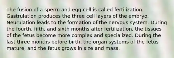 The fusion of a sperm and egg cell is called fertilization. Gastrulation produces the three cell layers of the embryo. Neurulation leads to the formation of the nervous system. During the fourth, fifth, and sixth months after fertilization, the tissues of the fetus become more complex and specialized. During the last three months before birth, the organ systems of the fetus mature, and the fetus grows in size and mass.