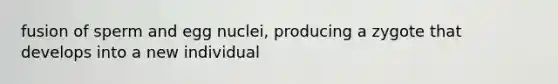 fusion of sperm and egg nuclei, producing a zygote that develops into a new individual