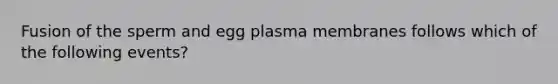 Fusion of the sperm and egg plasma membranes follows which of the following events?