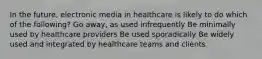 In the future, electronic media in healthcare is likely to do which of the following? Go away, as used infrequently Be minimally used by healthcare providers Be used sporadically Be widely used and integrated by healthcare teams and clients