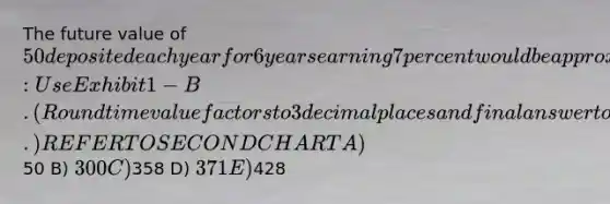 The future value of 50 deposited each year for 6 years earning 7 percent would be approximately: Use Exhibit 1-B. (Round time value factors to 3 decimal places and final answer to the nearest dollar amount.) REFER TO SECOND CHART A)50 B) 300 C)358 D) 371 E)428