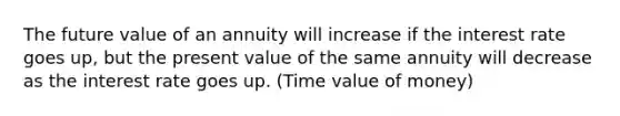 The future value of an annuity will increase if the interest rate goes up, but the present value of the same annuity will decrease as the interest rate goes up. (Time value of money)