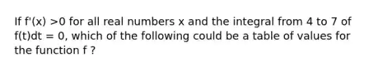 If f'(x) >0 for all real numbers x and the integral from 4 to 7 of f(t)dt = 0, which of the following could be a table of values for the function f ?