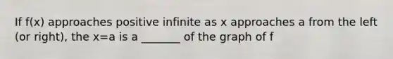 If f(x) approaches positive infinite as x approaches a from the left (or right), the x=a is a _______ of the graph of f