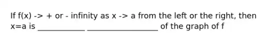 If f(x) -> + or - infinity as x -> a from the left or the right, then x=a is ____________ __________________ of the graph of f