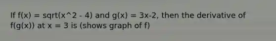 If f(x) = sqrt(x^2 - 4) and g(x) = 3x-2, then the derivative of f(g(x)) at x = 3 is (shows graph of f)