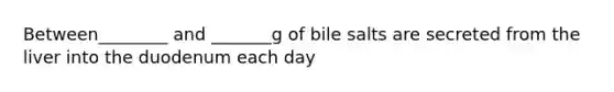 Between________ and _______g of bile salts are secreted from the liver into the duodenum each day