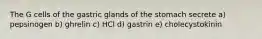 The G cells of the gastric glands of the stomach secrete a) pepsinogen b) ghrelin c) HCl d) gastrin e) cholecystokinin