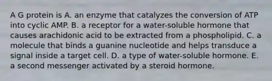 A G protein is A. an enzyme that catalyzes the conversion of ATP into cyclic AMP. B. a receptor for a water-soluble hormone that causes arachidonic acid to be extracted from a phospholipid. C. a molecule that binds a guanine nucleotide and helps transduce a signal inside a target cell. D. a type of water-soluble hormone. E. a second messenger activated by a steroid hormone.