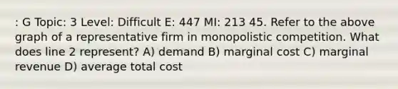 : G Topic: 3 Level: Difficult E: 447 MI: 213 45. Refer to the above graph of a representative firm in monopolistic competition. What does line 2 represent? A) demand B) marginal cost C) marginal revenue D) average total cost