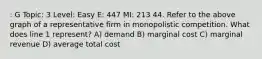 : G Topic: 3 Level: Easy E: 447 MI: 213 44. Refer to the above graph of a representative firm in monopolistic competition. What does line 1 represent? A) demand B) marginal cost C) marginal revenue D) average total cost