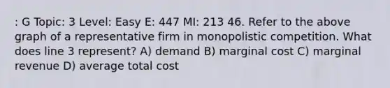 : G Topic: 3 Level: Easy E: 447 MI: 213 46. Refer to the above graph of a representative firm in monopolistic competition. What does line 3 represent? A) demand B) marginal cost C) marginal revenue D) average total cost