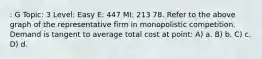 : G Topic: 3 Level: Easy E: 447 MI: 213 78. Refer to the above graph of the representative firm in monopolistic competition. Demand is tangent to average total cost at point: A) a. B) b. C) c. D) d.