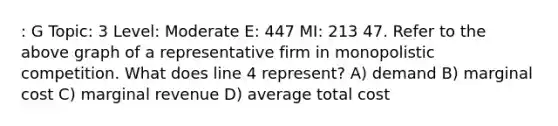 : G Topic: 3 Level: Moderate E: 447 MI: 213 47. Refer to the above graph of a representative firm in monopolistic competition. What does line 4 represent? A) demand B) marginal cost C) marginal revenue D) average total cost