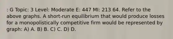 : G Topic: 3 Level: Moderate E: 447 MI: 213 64. Refer to the above graphs. A short-run equilibrium that would produce losses for a monopolistically competitive firm would be represented by graph: A) A. B) B. C) C. D) D.