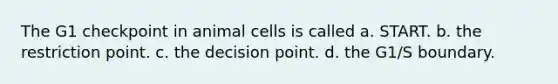 The G1 checkpoint in animal cells is called a. START. b. the restriction point. c. the decision point. d. the G1/S boundary.