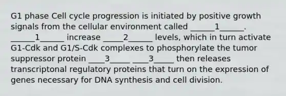 G1 phase Cell cycle progression is initiated by positive growth signals from the cellular environment called ______1______. ______1______ increase _____2______ levels, which in turn activate G1-Cdk and G1/S-Cdk complexes to phosphorylate the tumor suppressor protein ____3_____ ____3_____ then releases transcriptonal regulatory proteins that turn on the expression of genes necessary for DNA synthesis and cell division.