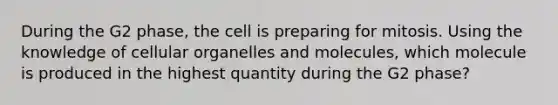 During the G2 phase, the cell is preparing for mitosis. Using the knowledge of cellular organelles and molecules, which molecule is produced in the highest quantity during the G2 phase?