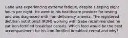 Gabe was experiencing extreme fatigue, despite sleeping eight hours per night. He went to his healthcare provider for testing and was diagnosed with iron-deficiency anemia. The registered dietitian nutritionist (RDN) working with Gabe recommended he eat iron-fortified breakfast cereals. Which food would be the best accompaniment for his iron-fortified breakfast cereal and why?