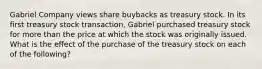 Gabriel Company views share buybacks as treasury stock. In its first treasury stock transaction, Gabriel purchased treasury stock for more than the price at which the stock was originally issued. What is the effect of the purchase of the treasury stock on each of the following?