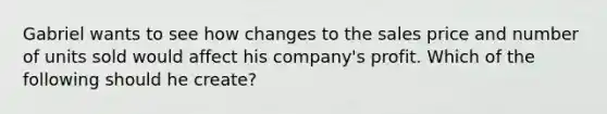 Gabriel wants to see how changes to the sales price and number of units sold would affect his company's profit. Which of the following should he create?