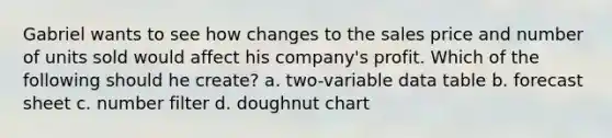 Gabriel wants to see how changes to the sales price and number of units sold would affect his company's profit. Which of the following should he create? a. two-variable data table b. forecast sheet c. number filter d. doughnut chart