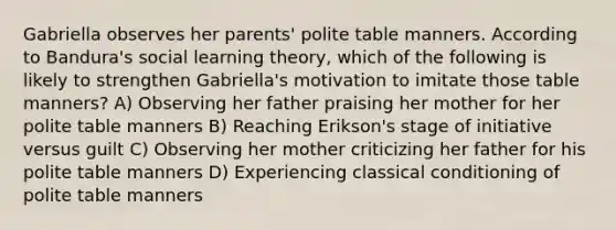 Gabriella observes her parents' polite table manners. According to Bandura's social learning theory, which of the following is likely to strengthen Gabriella's motivation to imitate those table manners? A) Observing her father praising her mother for her polite table manners B) Reaching Erikson's stage of initiative versus guilt C) Observing her mother criticizing her father for his polite table manners D) Experiencing classical conditioning of polite table manners