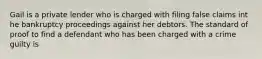 Gail is a private lender who is charged with filing false claims int he bankruptcy proceedings against her debtors. The standard of proof to find a defendant who has been charged with a crime guilty is