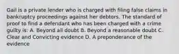 Gail is a private lender who is charged with filing false claims in bankruptcy proceedings against her debtors. The standard of proof to find a defendant who has been charged with a crime guilty is: A. Beyond all doubt B. Beyond a reasonable doubt C. Clear and Convicting evidence D. A preponderance of the evidence