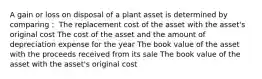 A gain or loss on disposal of a plant asset is determined by comparing： The replacement cost of the asset with the asset's original cost The cost of the asset and the amount of depreciation expense for the year The book value of the asset with the proceeds received from its sale The book value of the asset with the asset's original cost