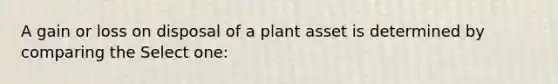 A gain or loss on disposal of a plant asset is determined by comparing the Select one: