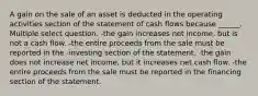 A gain on the sale of an asset is deducted in the operating activities section of the statement of cash flows because ______. Multiple select question. -the gain increases net income, but is not a cash flow. -the entire proceeds from the sale must be reported in the -investing section of the statement. -the gain does not increase net income, but it increases net cash flow. -the entire proceeds from the sale must be reported in the financing section of the statement.