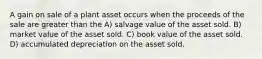 A gain on sale of a plant asset occurs when the proceeds of the sale are greater than the A) salvage value of the asset sold. B) market value of the asset sold. C) book value of the asset sold. D) accumulated depreciation on the asset sold.