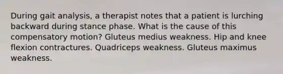 During gait analysis, a therapist notes that a patient is lurching backward during stance phase. What is the cause of this compensatory motion? Gluteus medius weakness. Hip and knee flexion contractures. Quadriceps weakness. Gluteus maximus weakness.