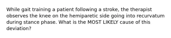 While gait training a patient following a stroke, the therapist observes the knee on the hemiparetic side going into recurvatum during stance phase. What is the MOST LIKELY cause of this deviation?