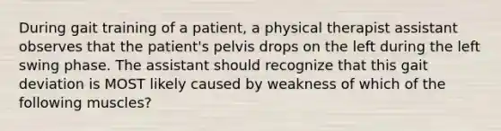 During gait training of a patient, a physical therapist assistant observes that the patient's pelvis drops on the left during the left swing phase. The assistant should recognize that this gait deviation is MOST likely caused by weakness of which of the following muscles?