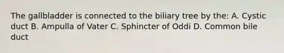 The gallbladder is connected to the biliary tree by the: A. Cystic duct B. Ampulla of Vater C. Sphincter of Oddi D. Common bile duct