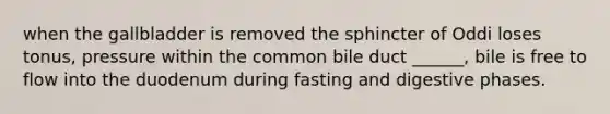 when the gallbladder is removed the sphincter of Oddi loses tonus, pressure within the common bile duct ______, bile is free to flow into the duodenum during fasting and digestive phases.