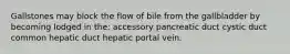 Gallstones may block the flow of bile from the gallbladder by becoming lodged in the: accessory pancreatic duct cystic duct common hepatic duct hepatic portal vein.