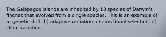 The Galápagos Islands are inhabited by 13 species of Darwin's finches that evolved from a single species. This is an example of a) genetic drift. b) adaptive radiation. c) directional selection. d) clinal variation.