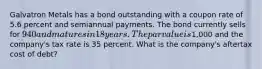 Galvatron Metals has a bond outstanding with a coupon rate of 5.6 percent and semiannual payments. The bond currently sells for 940 and matures in 18 years. The par value is1,000 and the company's tax rate is 35 percent. What is the company's aftertax cost of debt?